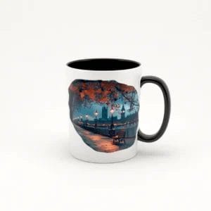 Taza de cerámica blanca con asa negra, decorada con una imagen de un paisaje otoñal en Londres, mostrando un camino iluminado por faroles y árboles con hojas de colores cálidos, con el Big Ben y el Palacio de Westminster al fondo.