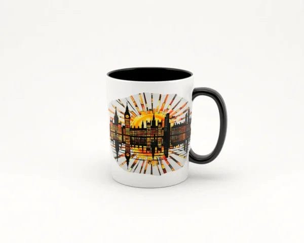Taza de cerámica blanca con asa negra, decorada con una imagen de un amanecer en Londres al estilo vitreaux, mostrando el Big Ben y el Palacio de Westminster con colores cálidos y un efecto de vidrieras.