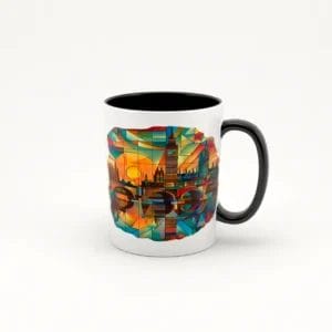 Taza de cerámica blanca con asa negra, decorada con una imagen de un amanecer en Londres al estilo art deco, mostrando el Big Ben y el Palacio de Westminster con colores vibrantes y geométricos.