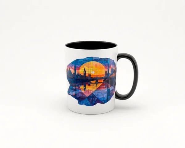 Taza de cerámica blanca con asa negra, decorada con una imagen de un atardecer en Londres al estilo art deco, mostrando el Big Ben y el Palacio de Westminster con colores cálidos y un efecto de vidrieras.