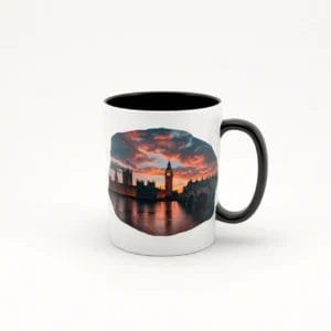 Taza de cerámica blanca con asa negra, decorada con una imagen de un atardecer en Londres, mostrando el Big Ben y el Palacio de Westminster reflejados en el Támesis bajo un cielo colorido.