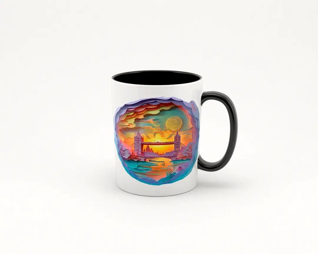 Taza de cerámica blanca con asa negra, decorada con una imagen de un atardecer en Londres al estilo paper cut, mostrando el Tower Bridge y el Palacio de Westminster con colores cálidos y un efecto tridimensional.