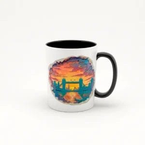 Taza de cerámica blanca con asa negra, decorada con una imagen de un atardecer en Londres al estilo paper cut, mostrando el Tower Bridge y otros íconos londinenses con colores cálidos y un efecto tridimensional.