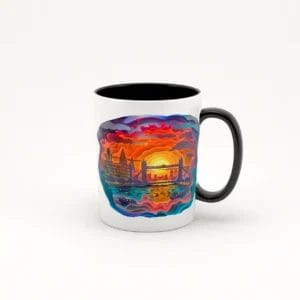 Taza de cerámica blanca con asa negra, decorada con una imagen de un atardecer en Londres al estilo paper cut, mostrando el Tower Bridge y otros íconos londinenses con colores cálidos y un efecto tridimensional.